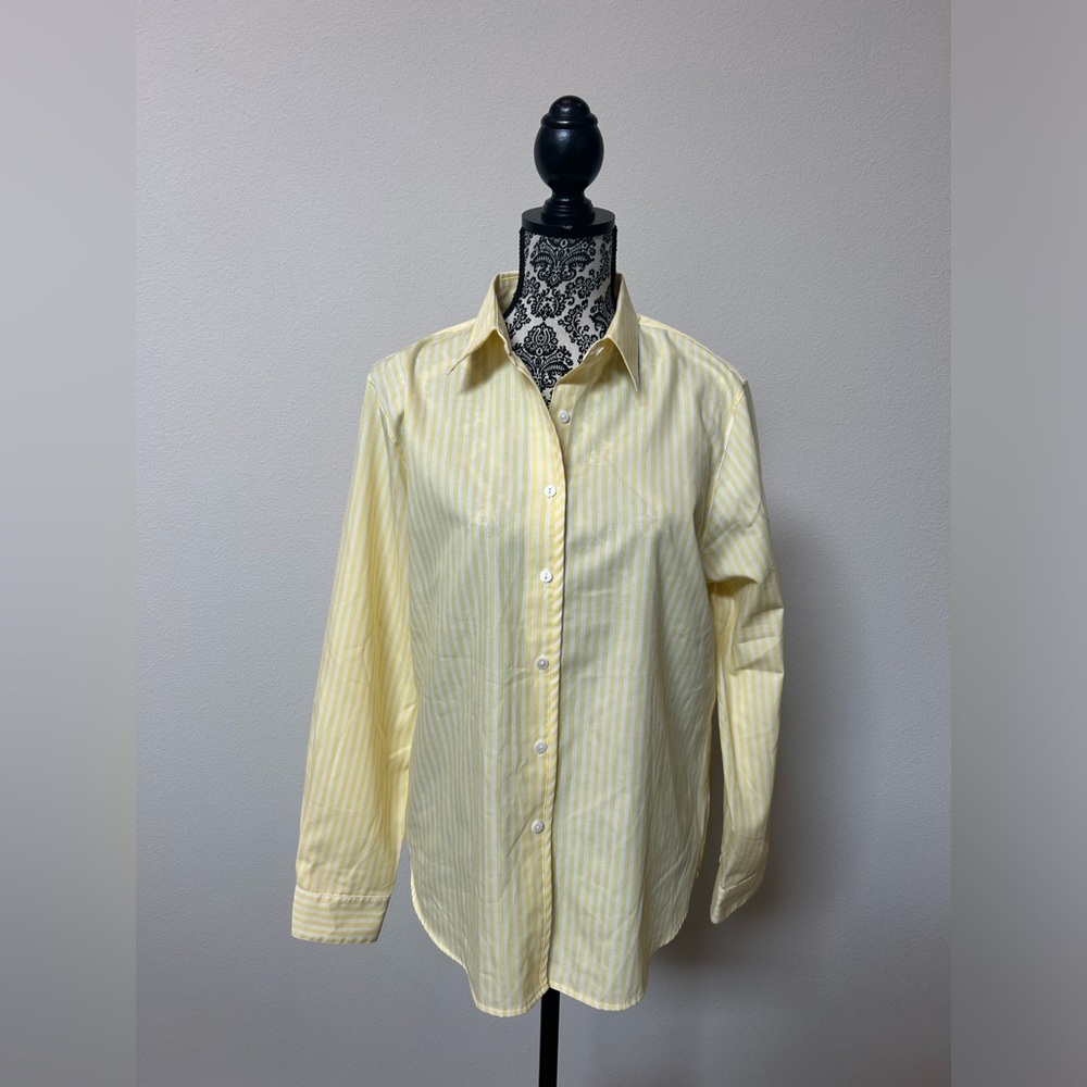Foxcroft Wrinkle Free Shaped Fit Yellow Striped Women’s  Button-Down Shirt 14